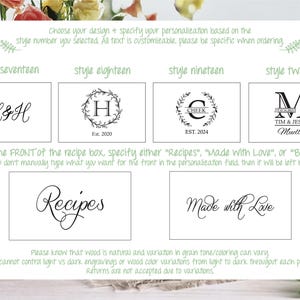 May include: A white informational graphic displaying four monogram style options labelled seventeen through twenty, featuring black text and floral wreath designs. Below, two text options for a recipe box front are shown: Recipes and Made with Love.