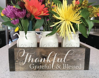 Fall Decor, Engraved Wood Flower Box | Thankful Grateful Blessed Decor | Fall Table Centerpiece | Fall Table Decor | Farmhouse Decor