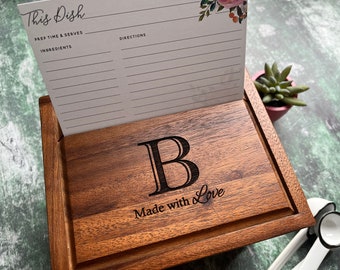 Personalized Acacia Wood Recipe Box with Card Stock Dividers, Recipe Box Sized for 4x6 Recipes