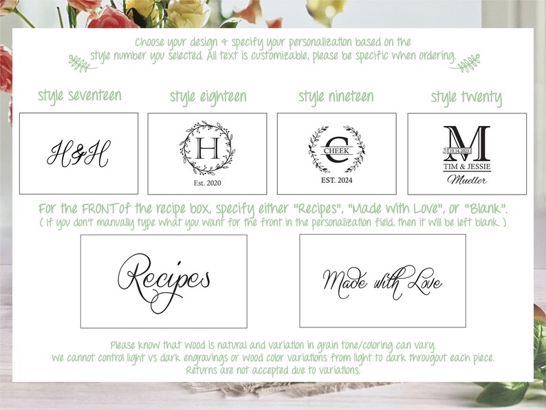 Pu&ograve; includere: Una guida per personalizzare una scatola di ricette in legno con diverse opzioni di design. Le opzioni includono un monogramma con una data di fondazione, un monogramma con un cognome e una data di fondazione, e un monogramma con nomi e un cognome. Il testo "Ricette", "Fatto con amore" o "Vuoto" pu&ograve; essere aggiunto sul davanti della scatola.