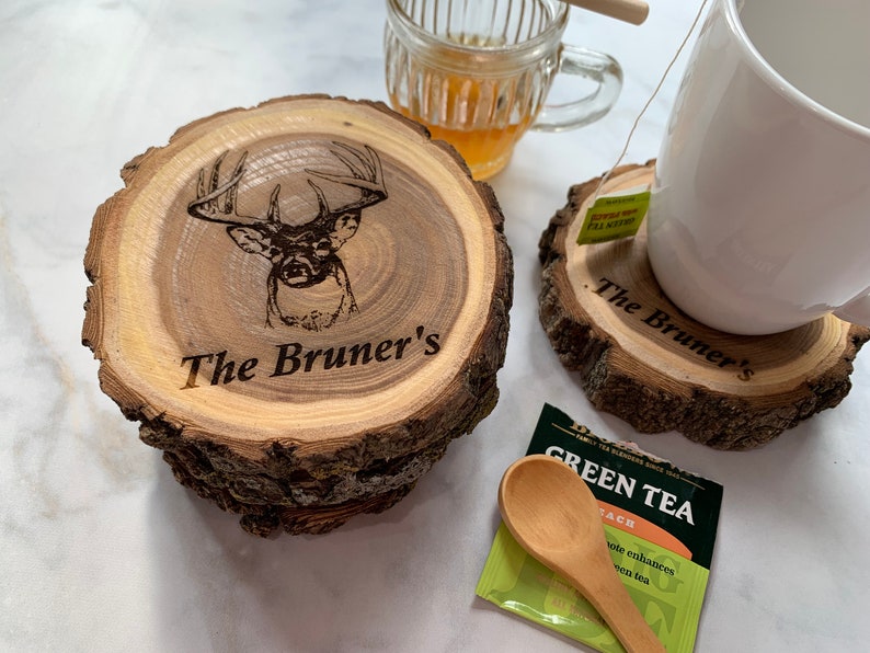 Cup coasters made from natural wood log engrave your chosen name is the best gift for men who love hunting