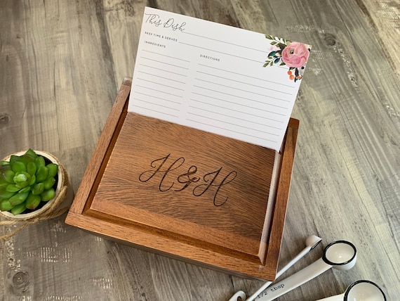 Custom Acacia Wood Recipe Box: Bridal Shower Gift, 4x6 Cards