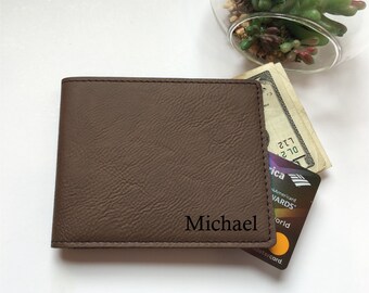 Personalized Faux Leather Bifold Wallet - Laser Engraved Slim Wallet