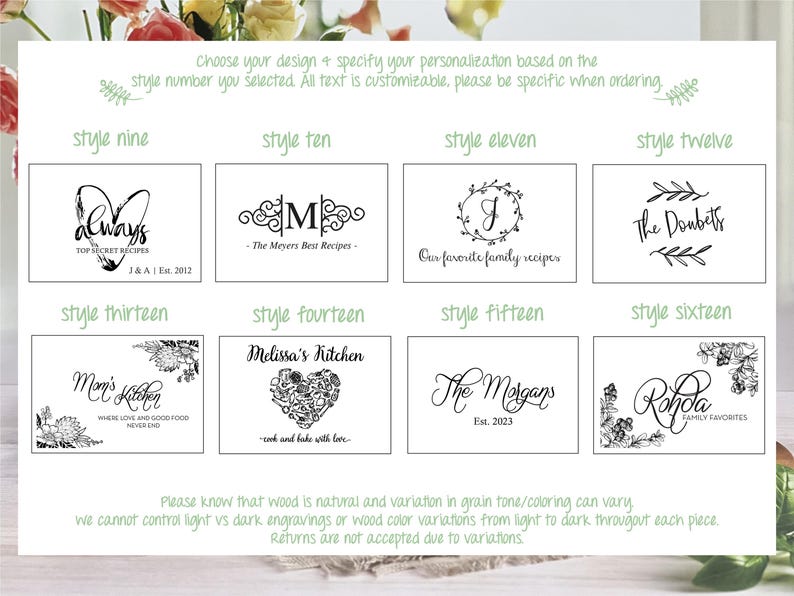 Pu&ograve; includere: Un grafico che mostra 10 diversi stili di design per scatole di ricette personalizzate. I design includono un cuore con le parole "always" e "top secret recipes", un monogramma con le parole "The Meyers Best Recipes", una ghirlanda con la lettera "J" e le parole "Our favorite family recipes", una ghirlanda con le parole "The Doubets", un design floreale con le parole "Melissa's Kitchen", un design floreale con le parole "Mom's Kitchen", un font di scrittura con le parole "The Morgans" e l'anno "Est. 2023", un design floreale con le parole "Rohda" e "Family Favorites".