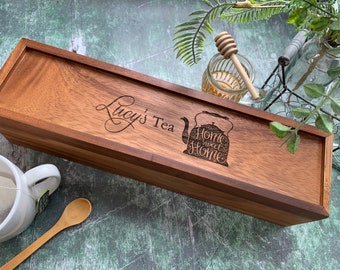 Personalized Acacia Wood Tea Organizer, Laser Engraved, 5 Compartment Tea Box