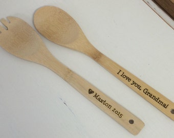 Personalized Kitchen Utensils Wood Engraved, Cooking Utensils Set of 2 - Wedding & Anniversary, Perfect Mothers Day Gift, Gifts for Grandma