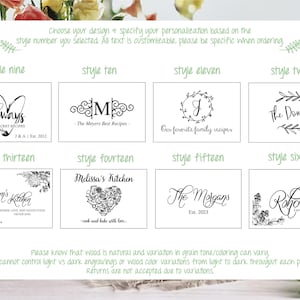 May include: A white rectangular chart displaying eight distinct black ink design options for personalization, labeled style nine through sixteen. Each box features unique typography, floral accents, and heart motifs with sample names and text.