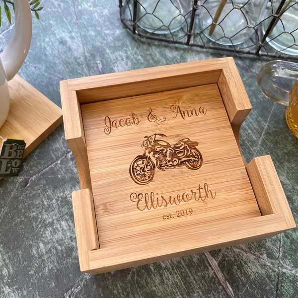 Motorcycle Gifts for Women | Harley Davidson Gift | Couples Gift Wedding | Motorcyclist Gifts | Custom Engraved Wood Coasters | Motor Bikes