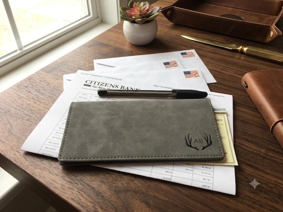 Monogram Faux Leather Checkbook Cover | Hunting Gift, Antler Check Book Cover