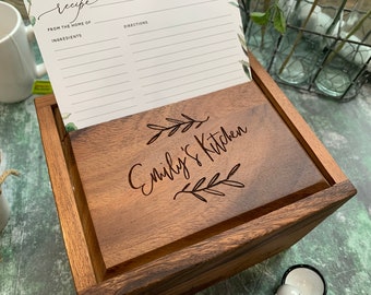 Caja de recetas personalizada, caja de recetas de madera de acacia: caja de recetas personalizada con separadores (10 separadores de cartulina)