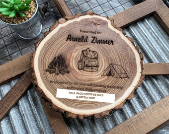 Plaques d'appréciation, plaques de camp, plaques d'événement du conseil, plaques de commissaire, plaques en bois, plaque en bois d'orme gravée, plaque de chef de tanière