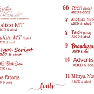 May include: A list of fonts with their names and styles, such as "Scriptua", "Calisto MT", "Segoe Script", "A&S Black Swan", "Cutie Patootie", "Teen", "Another Typewriter", "Tech", "Brandyscript", "Advertiser", and "Minya Nouvelle". The fonts are displayed in red text on a white background.