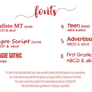 May include: A white background with the red word "fonts" in a cursive script. Six font styles are listed with sample text: Calisto MT, Segoe Script, League Gothic, Teen, Advertiser, and First Grader. Additional text provides font selection guidance.