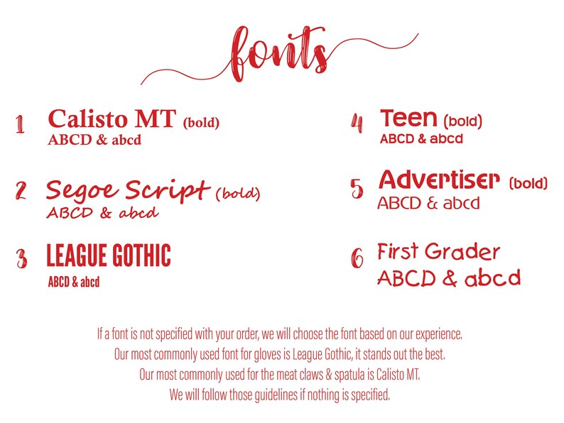 May include: A white background with the red word "fonts" in a cursive script. Six font styles are listed with sample text: Calisto MT, Segoe Script, League Gothic, Teen, Advertiser, and First Grader. Additional text provides font selection guidance.