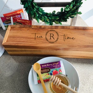 Tea Time, Monogram Tea Box Wood | Tea Box Engraved | Mother&#39;s Day Gift for Mom | Gift for Tea Drinker | Tea Holder Box | Tea Storage Box