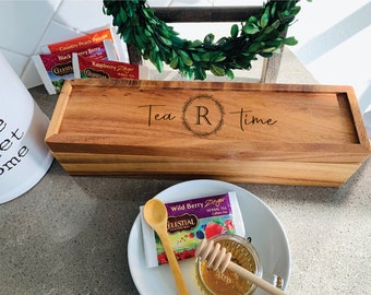 Engraved Acacia Wood Tea Box, Monogram Tea Organizer