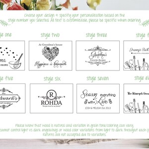 Pu&ograve; includere: Un grafico che mostra dieci diversi stili di taglieri in legno personalizzati. Ogni stile presenta un design diverso, tra cui cuori, utensili da cucina e testo. Il testo include frasi come "Le ricette preferite della nonna" e "Le ricette della famiglia Krueger".