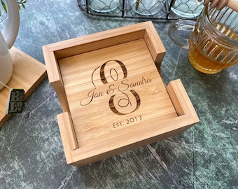 Wood Coaster Set with Holder | Christmas Gift for Her | Couples Monogram Coasters | Personalized Coasters with Holder | Gifts for Women