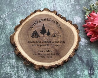Appreciation Plaque, Camp Plaques, Retiring Den Leader Plaque: Elm Wood Plaque Engraved