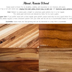 May include: An informational graphic titled About Acacia Wood featuring four distinct examples of acacia wood grain patterns. Example 1 shows light and dark wood strips, Example 2 displays a rich brown tone, Example 3 shows deep red-brown hues, and Example 4 exhibits a lighter tan wood grain.