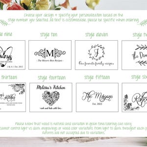 May include: A white rectangular chart displaying eight distinct black ink design options for personalisation, labelled style nine through sixteen. Each box features unique typography, floral accents, and heart motifs with sample names and text.