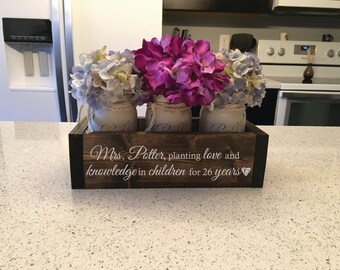 Teacher Gifts, Principal Gift, Teacher Appreciation Gift, Principal Retirement - "Personalized Engraved Planter Box w/ Distressed Jars"