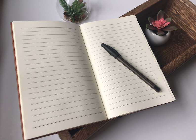 Puede incluir: Un cuaderno de tapa dura abierto con un bol&iacute;grafo negro sobre la p&aacute;gina derecha. El cuaderno est&aacute; apoyado en una caja de madera con una peque&ntilde;a planta suculenta en maceta.