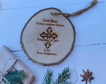 Ornement de tranche de bois personnalisé : baptême, première communion, cadeau de baptême