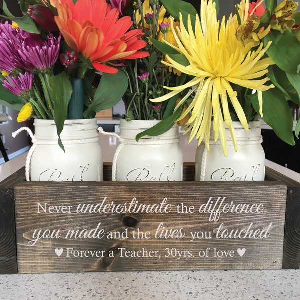 Engraved Rustic Planter Box | Teacher Retirement Gift with Mason Jars