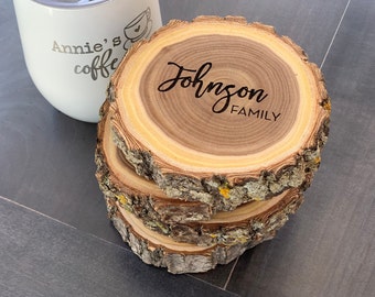 Personalized Log Coasters, Rustic Family Name Coasters, Set of 4