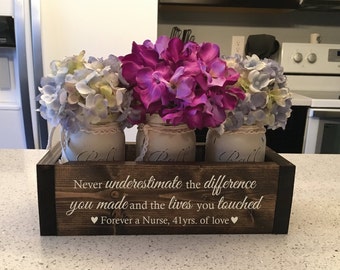 Engraved Rustic Planter Box with Mason Jars: Nurse Retirement Gift