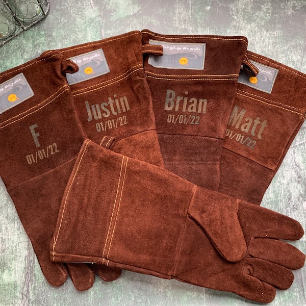 Groomsmen Gifts Leather, Leather Grill Gloves, Great Gift for Groomsmen Personalized, BBQ Gloves, Heat Resistant Gloves, Wedding Party Gifts