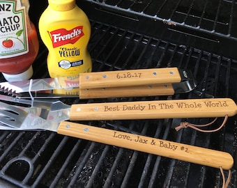 Personalized BBQ Grill Tools Set: Engraved Bamboo & Stainless Steel, Great Gift for Dad or Grandpa