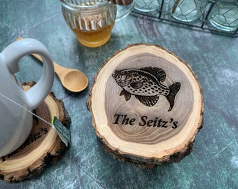 Personalized Fish Coasters: Engraved Wood, Fishing Decor, Set of 4