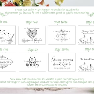 May include: A white display sheet featuring eight distinct black graphic design options for custom engraving. Each style includes unique typography and kitchen-themed illustrations like whisks, hearts, and utensils, with instructional text at the top and bottom.