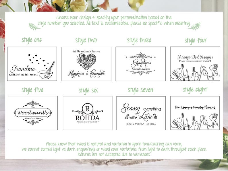 May include: A white display sheet featuring eight distinct black graphic design options for custom engraving. Each style includes unique typography and kitchen-themed illustrations like whisks, hearts, and utensils, with instructional text at the top and bottom.