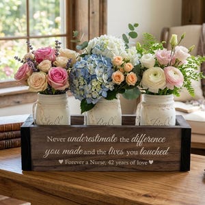Engraved Rustic Planter Box with Mason Jars: Nurse Retirement Gift