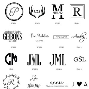 May include: A collection of sixteen black and white graphic design templates labeled Style 1 through Style 16. The designs feature various monograms, names, dates, and decorative elements like antlers, hearts, and floral wreaths in diverse fonts.