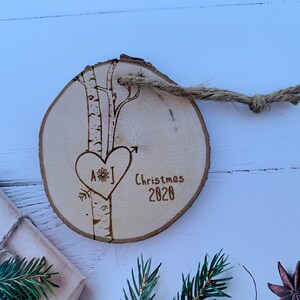 Birch Tree Ornament, Personalized Ornaments, Christmas Ornament, Tree Ornament, Heart Ornaments, Couples Gift, 5th Anniversary Wood image 2