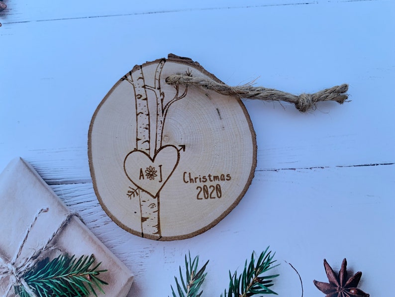 Birch Tree Ornament, Personalized Ornaments, Christmas Ornament, Tree Ornament, Heart Ornaments, Couples Gift, 5th Anniversary Wood image 2