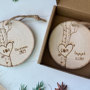 Personalized Birch Wood Slice Ornament, Engraved Heart Ornament with Birch Tree Design, Couples Personalized Ornament