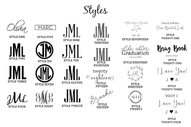 Puede incluir: Un gr&aacute;fico que muestra 24 estilos diferentes para monogramas, nombres y frases. Los estilos est&aacute;n numerados del uno al veinticuatro. El gr&aacute;fico es en blanco y negro.