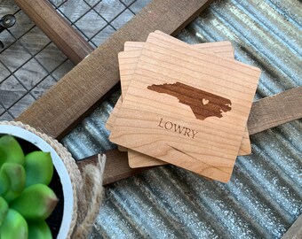 Engraved Wood State Coasters, Personalized Housewarming Gift, Set of 4