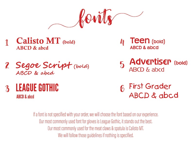 K&ouml;nnte beinhalten: Wei&szlig;er Hintergrund mit dem roten Wort "fonts" in Schreibschrift. Sechs Schriftarten mit Beispieltext sind aufgef&uuml;hrt: Calisto MT, Segoe Script, League Gothic, Teen, Advertiser und First Grader. Zus&auml;tzlicher Text bietet Informationen zur Schriftauswahl.