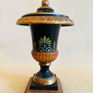 4.  Tole Floral Vase And Lid- Black With  Gilding-Color Accents-And Palmette Detailing-For A Holiday Gift