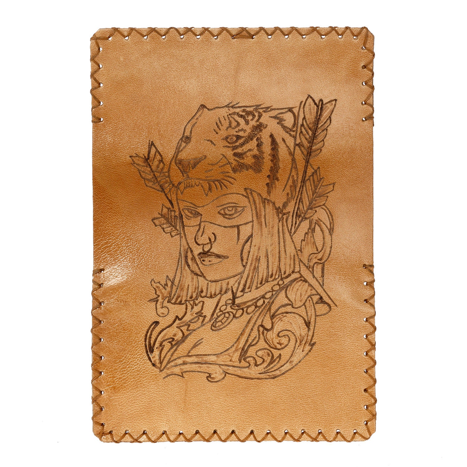 Handmade Leather Tobacco Pouch, Indian Woman Pyrography