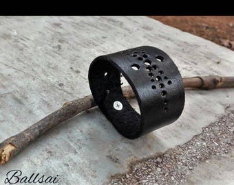Handmade Black Leather Cuff Bracelet, Unisex Accessories