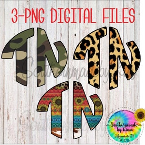 Puede incluir: Tres archivos digitales de las letras T, N y un monograma de TN. Las letras están en una variedad de patrones, incluyendo camuflaje, estampado de leopardo y un patrón colorido del suroeste con girasoles.