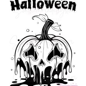 May include: Black and white illustration of a melting pumpkin with a dripping face. The text "Halloween" is above the pumpkin.