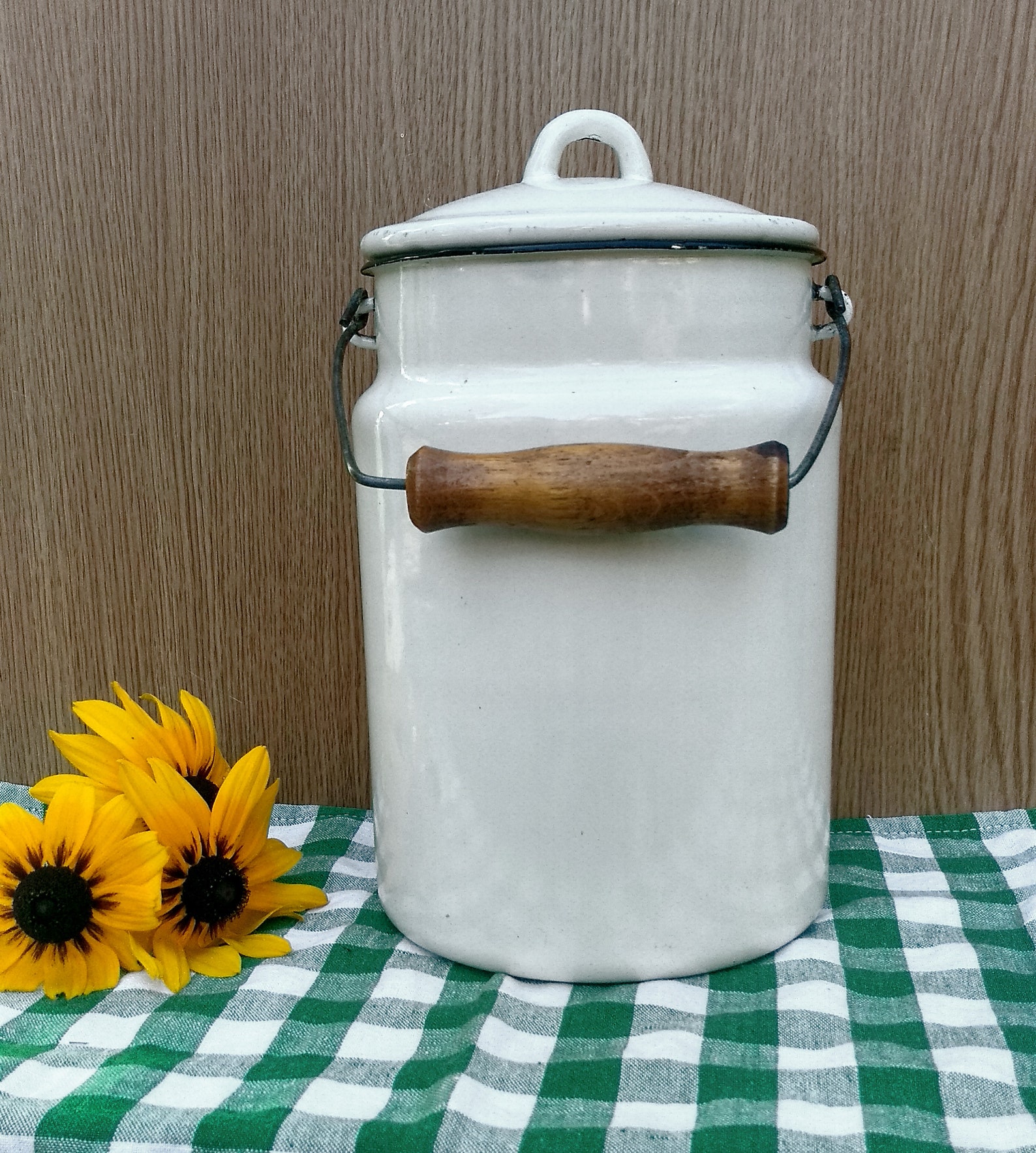Vintage Old White Enamel Pot With Lid and Wood Handle Etsy